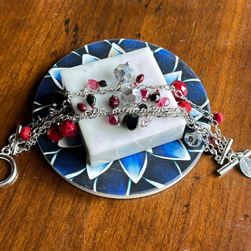 WHBM White House Black Market Toggle Clasp Bracelet #89 Red Silver Multistrand